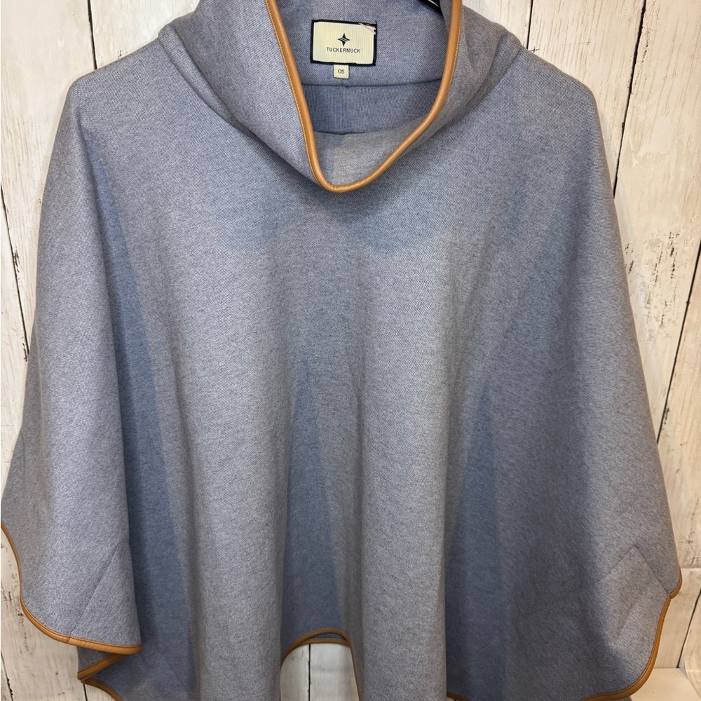 Tuckernuck Piper Poncho Womens One Size Gray High Collar Leather Piping Brown